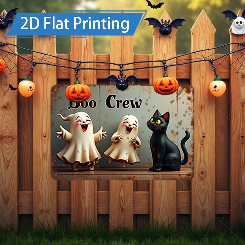 D FLAT pc Metal Sign Halloween Boo Crew Metal Sign with Ghosts and Cat
