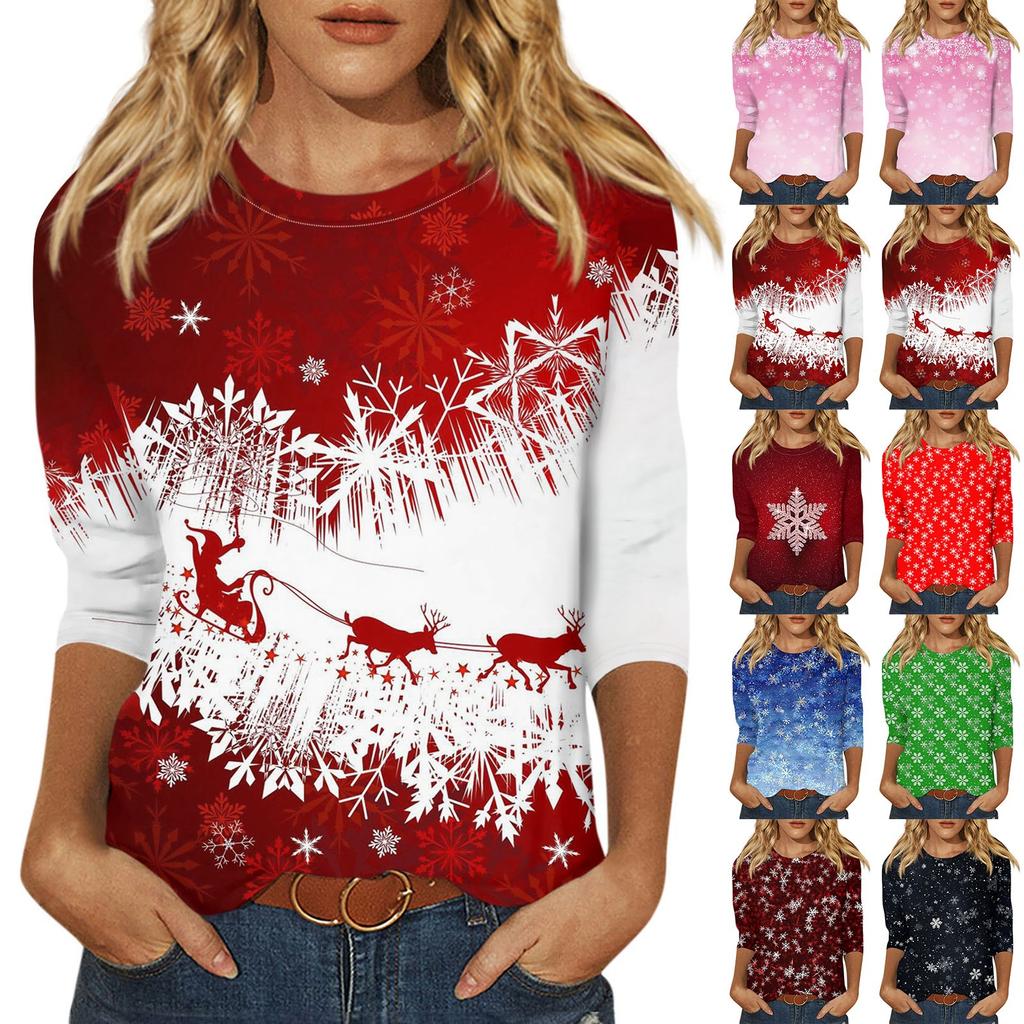 Women's Fashion Casual Round Neck 3/4 Sleeve Loose Christmas Printed T-Shirt Ladies Top