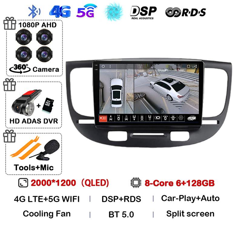 Android 14 Carplay Auto Автомагнитола Стерео Для Kia RIO 2 RIO2 2005-2008 2009 2010 2011 Мультимедийный Плеер GPS WIFI+4G Камера 360 BT
