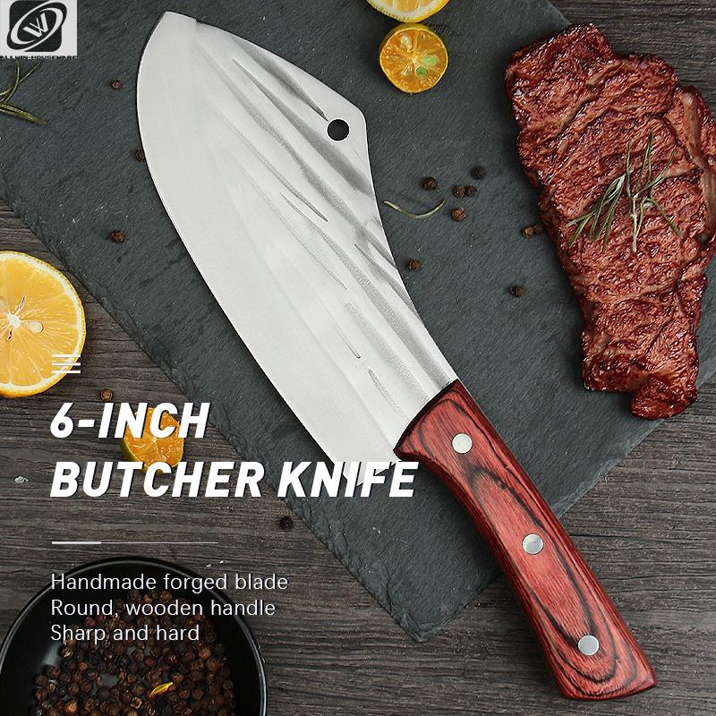 Bone Kitchen Knife Forged Stainless Steel Cleaver Cut Butcher Meat Vegetables Slicing Knife Hammer Grain Red Colored Wood Handle