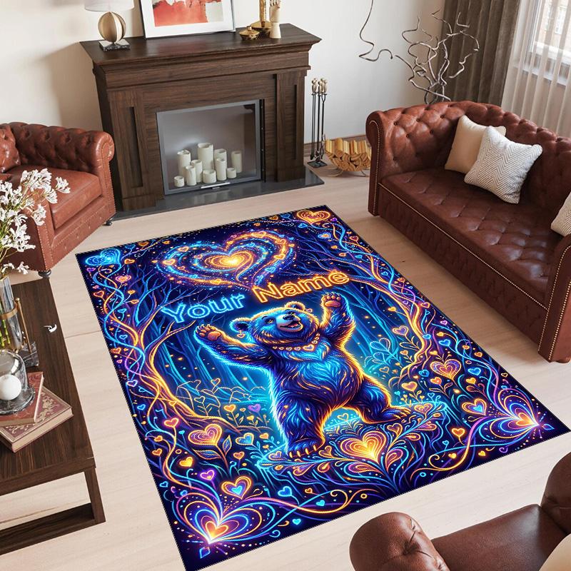 Teddy Bear Theme Crystal Velvet Rug Personalized Custom Name Text Soft Floor Mat Home Decor
