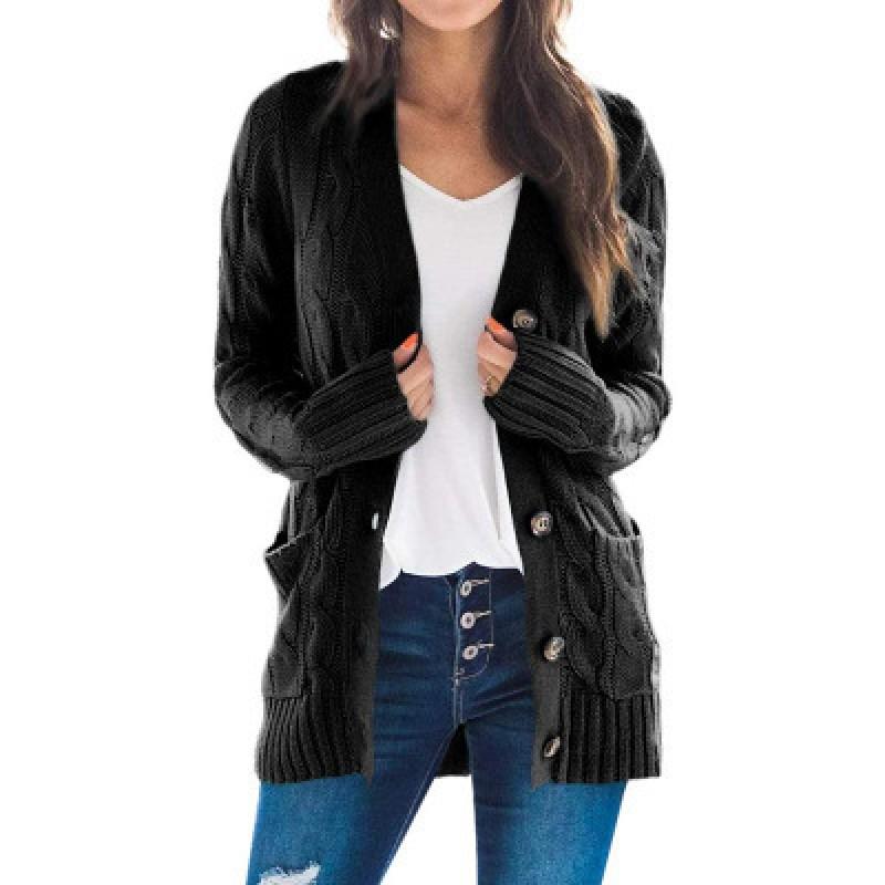 Womens Loose Fit Cable Knit Cardigan Sweater V-Neck Long Sleeve Mid-Length Casual Outerwear
