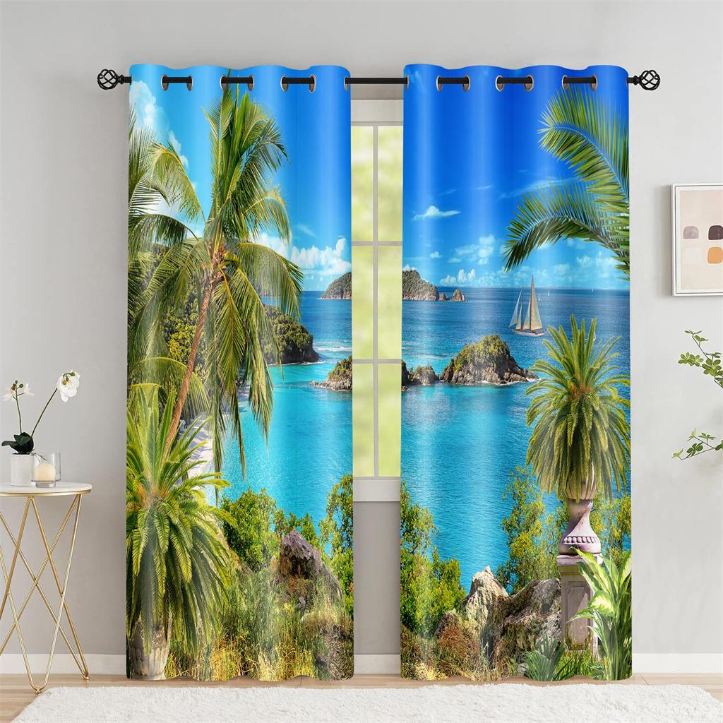 Летние пляжные шторы с оттенком кокосовой пальмы Гостиная Спальня Украшение дома Морской закат Пейзаж Цифровая печать Тонкие шторы