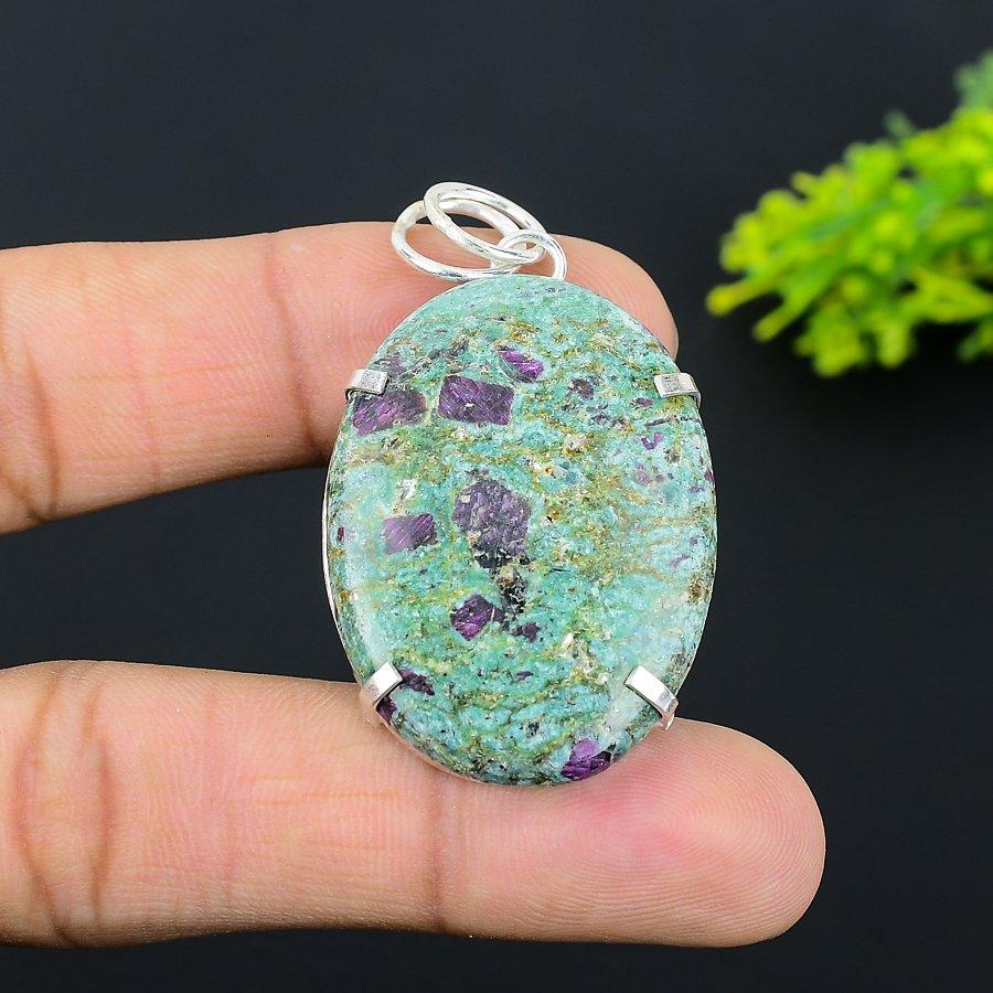 Ruby In Fuchsite Ethnic 925 Sterling Silver Jewelry Pendant 2.09" a0R90