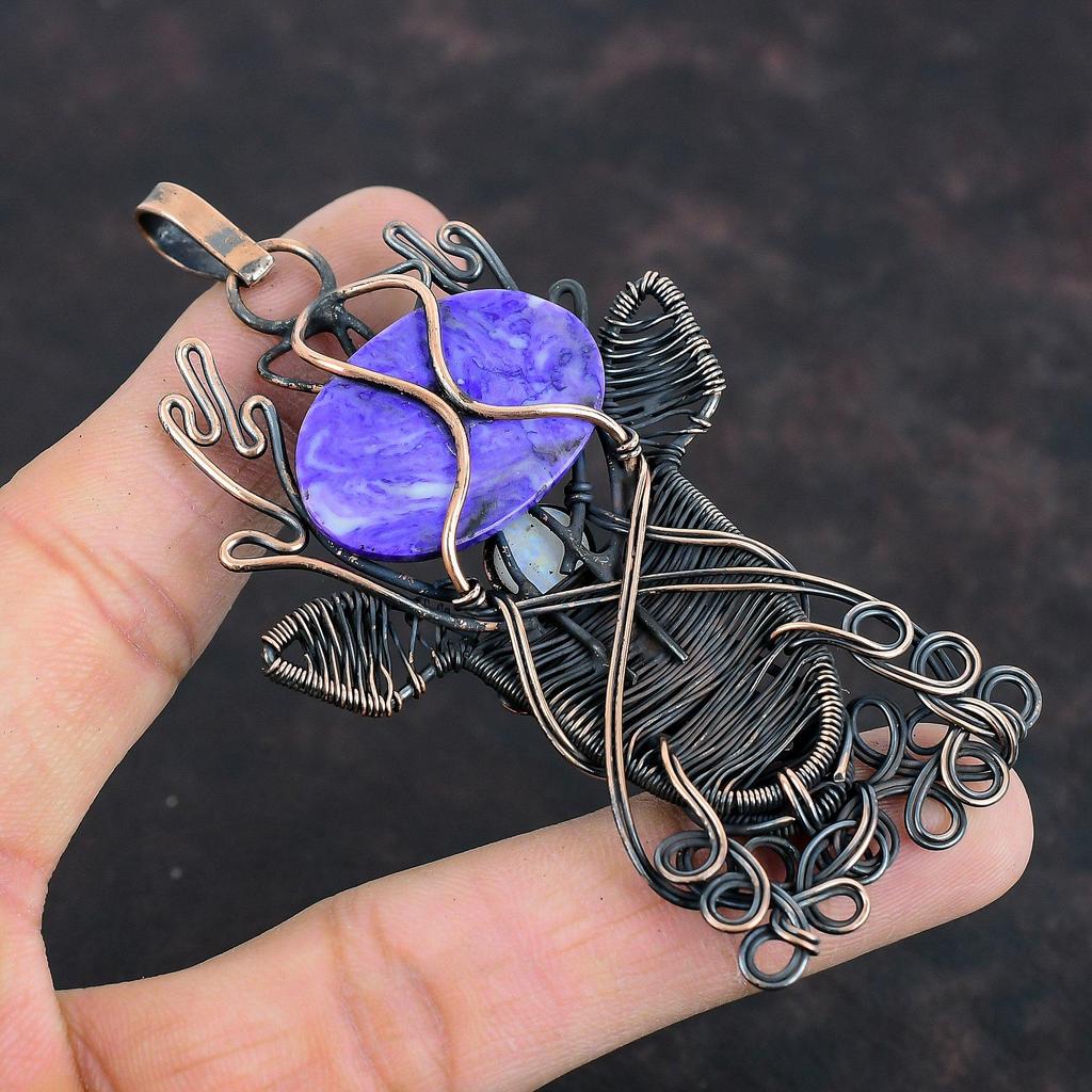Подвеска из чароита, медная проволока, обернутая подвеской из драгоценных камней, медные украшения, подвеска в виде оленьей морды, подвеска из радужного лунного камня, украшения ручной работы для подарков