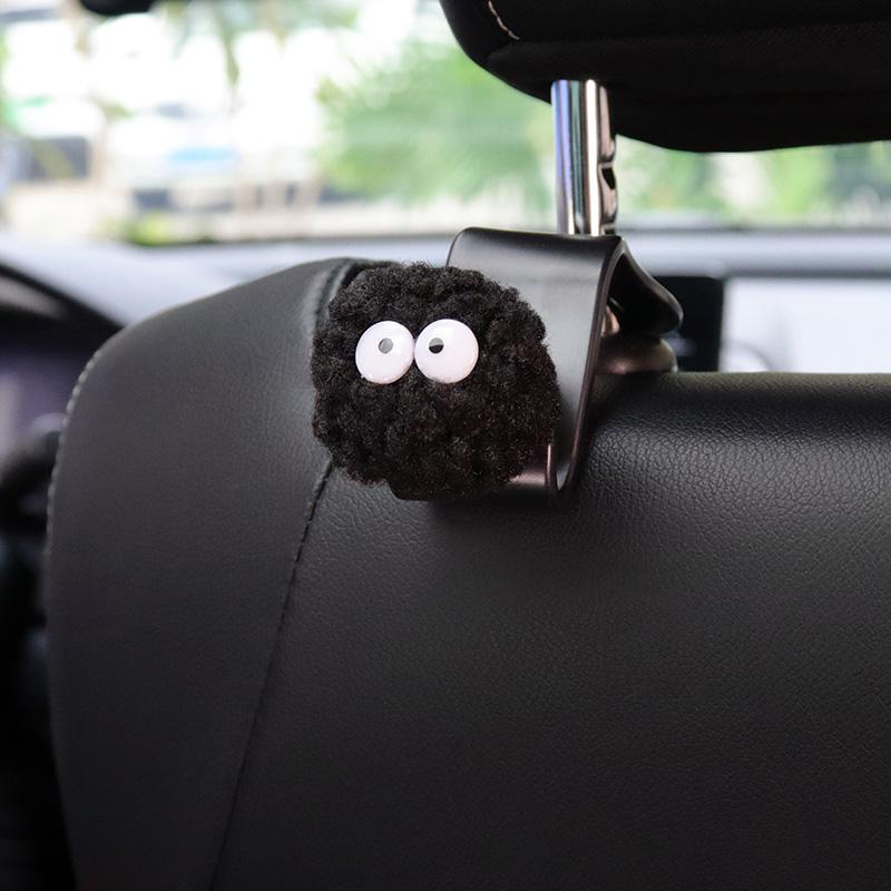 2PCS Cute Cartoon Black Coal Balls Car Seat Back Hooks Storage Vehicle Headrest Organizer Hanger for Groceries Bag Decoration