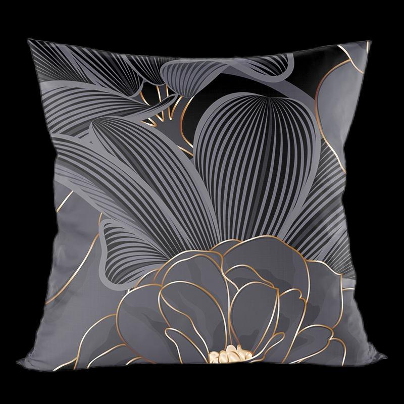 Chinese-Style High-End Modern Throw Pillow Cover, Black With Gold Foil Floral And Lotus Design, Suitable For Living Room Sofa