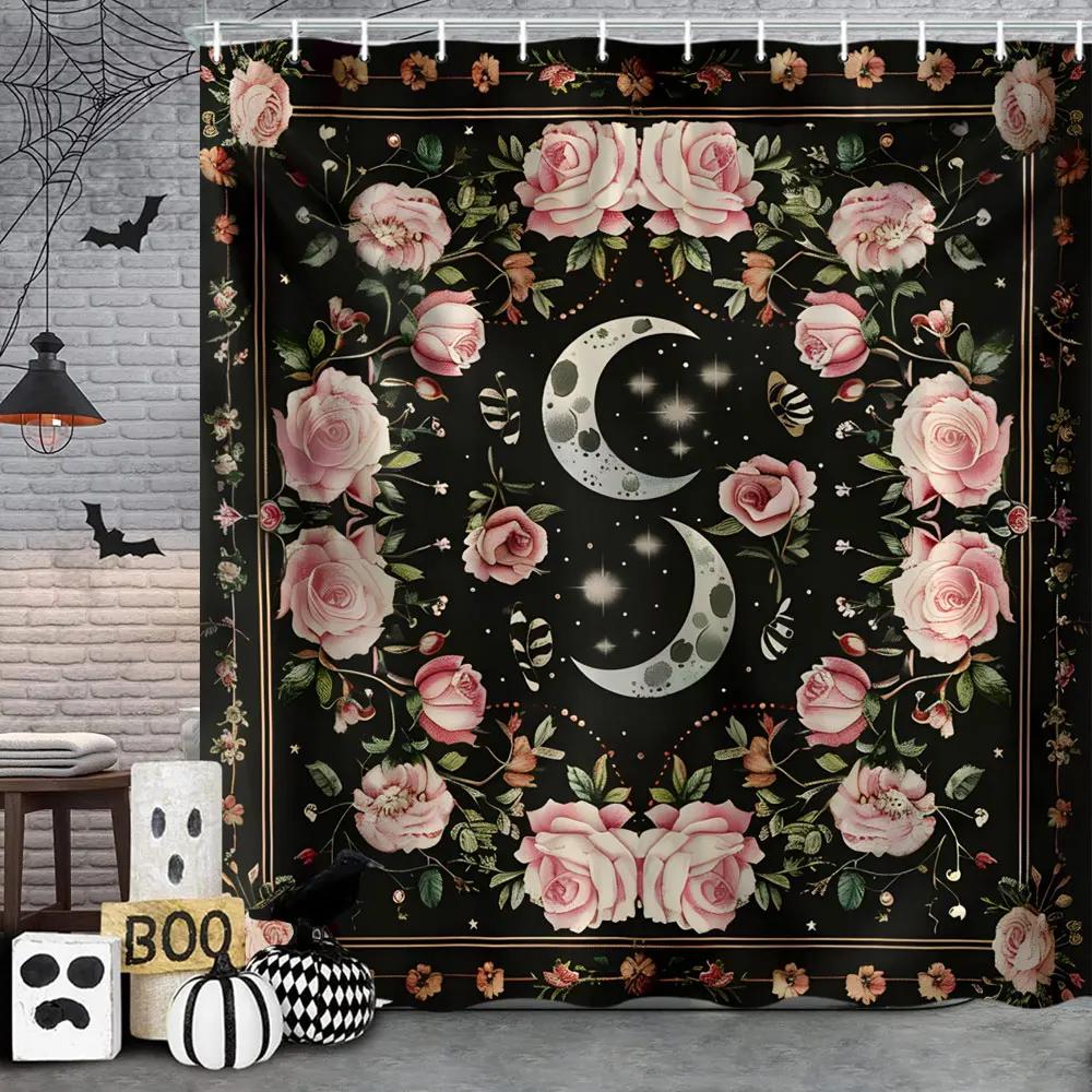 Scary Halloween Shower Curtain Vintage Skulls Eagles Pumpkins Roses Boho Polyester Fabric Bath Curtain Bathroom Decor with Hoo