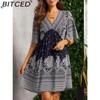 Женская мода лето весна цветочный принт короткий рукав V-образный вырез повседневные платья