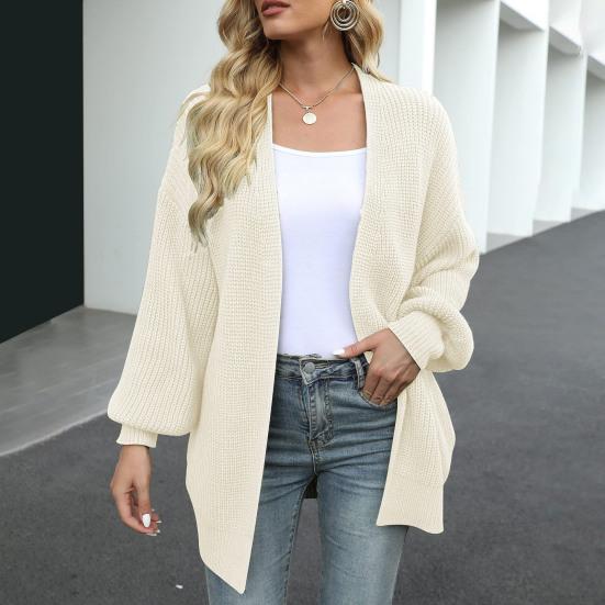 Женский вязаный кардиган-фонарик с длинным рукавом и открытой передней частью, свитер средней длины, пальто, однотонный свободный крой, верхняя одежда для вязания