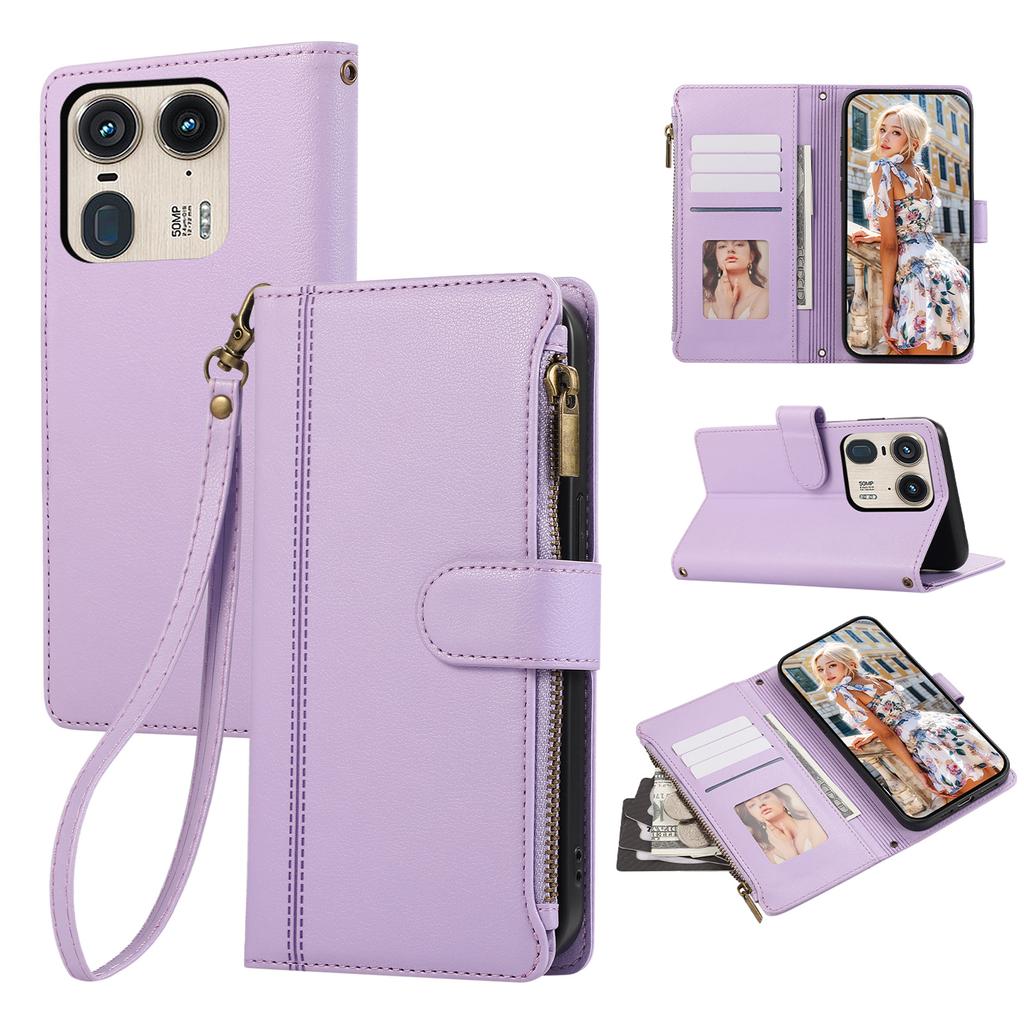 For Motorola Edge 50 Ultra 5G Case Multi Card Slots Zipper Leather Phone Cover with Wrist Strap