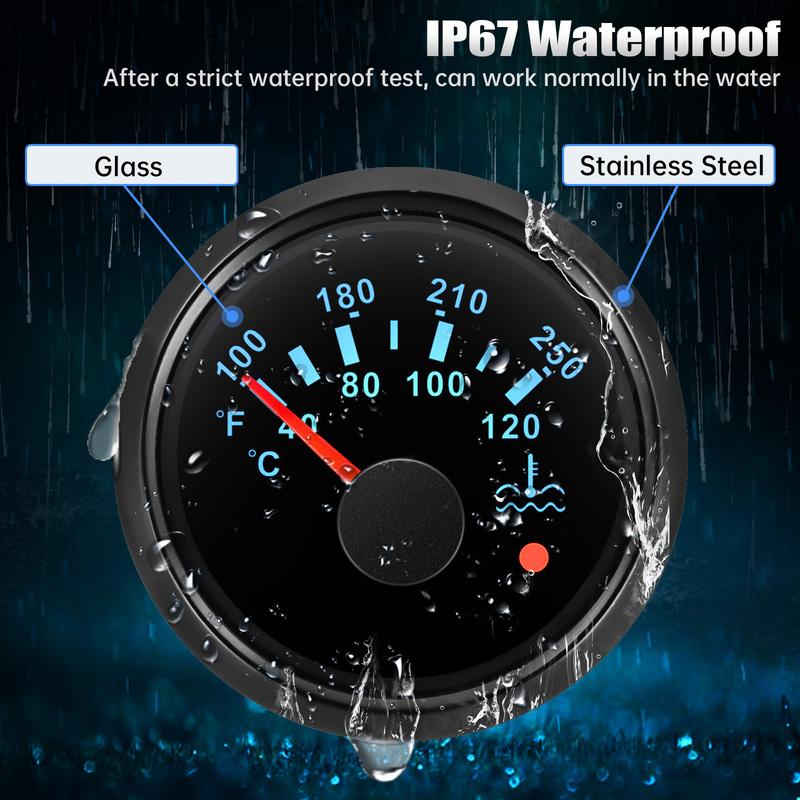 40-120℃,100-250℉ 52MM Water Temperature Gauge With Flashing Alarm Temp Sensor 10.2MM for Auto Car Boat Yacht 7 Color Light