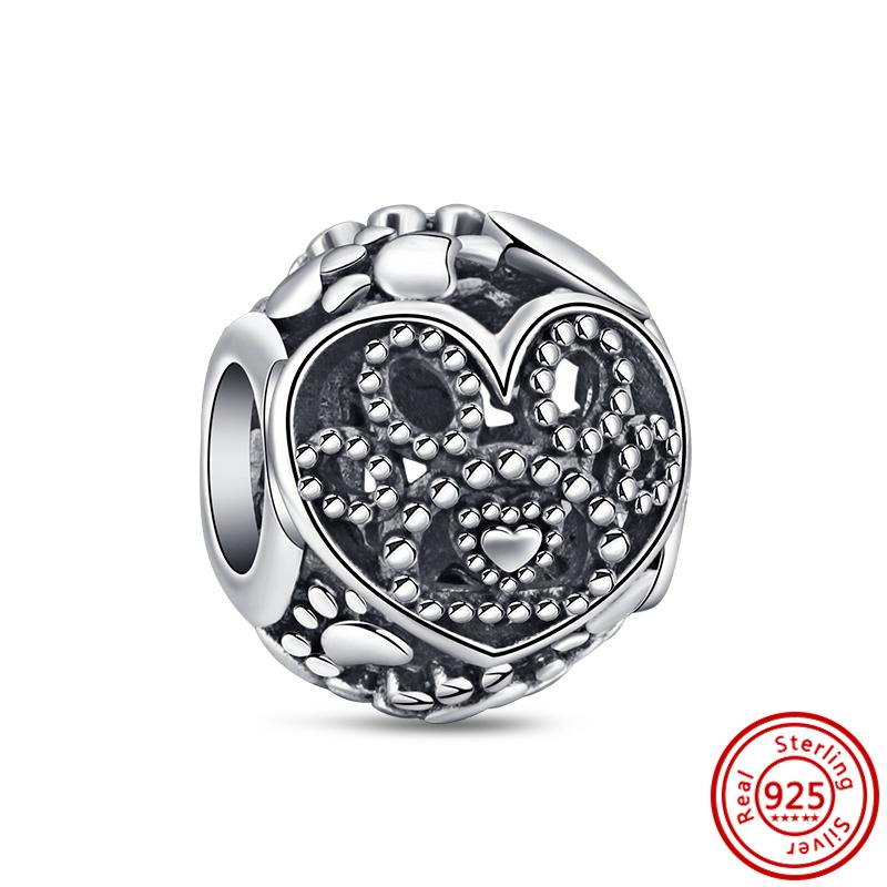 New S925 Silver Pink Heart Animal Paw Print Pendant Clear Zircon Fashion Beads Fit Original Charms Bracelet Women Jewelry