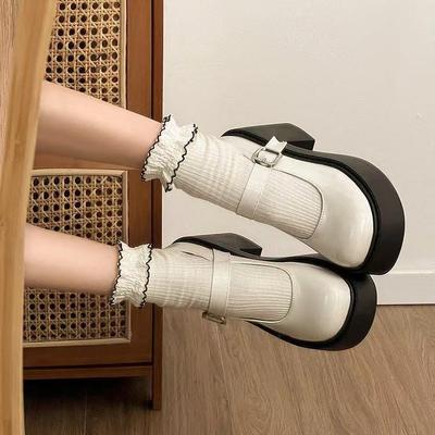 Грубый каблук высокие каблуки маленькие кожаные туфли jk одиночные туфли 2025 весна и осень новые толстая подошва увеличивающие рост французские Мэри Джейн женские туфли