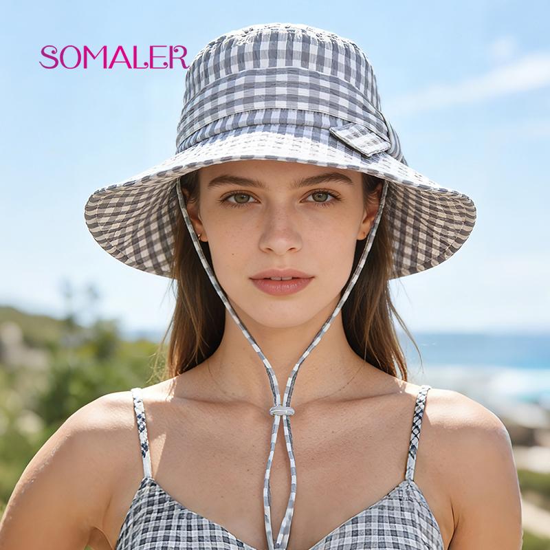 SOMALER Женская летняя клетчатая шляпа от солнца Хлопковая пляжная шляпа-ведро с защитой от УФ