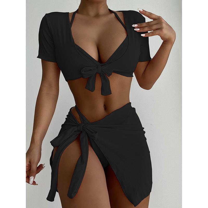 Solid Color Swimsuit Women 4-Piece Bikini Sexy Beach Skirt Bathing Suit Short Sleeve Swimwear High Waist Summer Beachwear