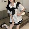 Two Pieces Women Summer Naval Collar Short Sleeve Preppy Style Tops and Mini Pleated Skirts Sets
