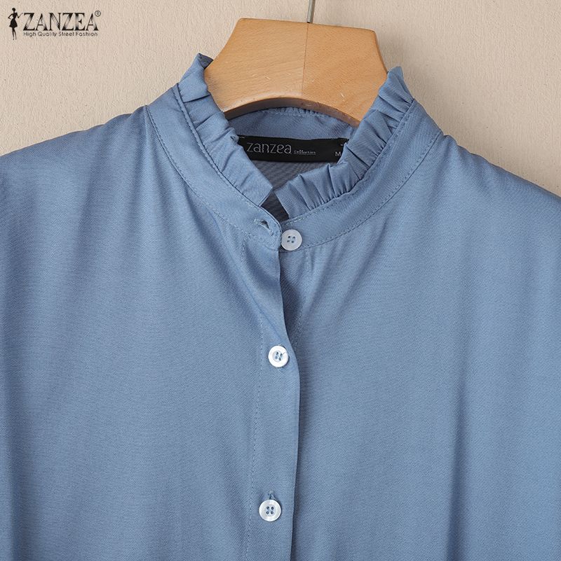 ZANZEA Женская повседневная блузка с круглым вырезом, свободного кроя, с ажурной вставкой, с длинным рукавом