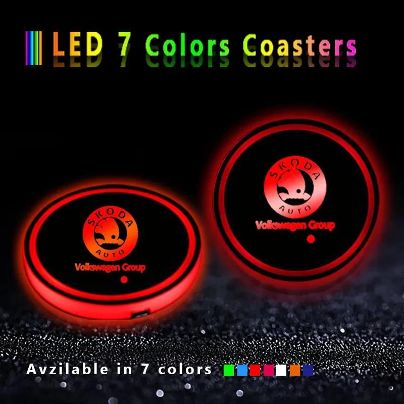 2Pcs Led Car Logo Lights Luminous Coaster For Skoda Octavia A5 Superb Old Febia Roomster 2013 2005-2008 Rapid Roomster Kodiaq EDY5