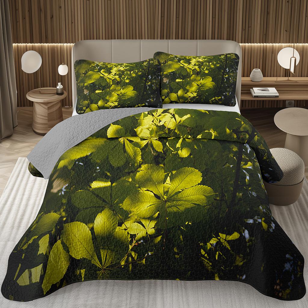Green Leaves Bedspread Twin Queen Size Farmhouse Botanical Plant Coverlet Sets Spring Nature Leaf Quilt Set for Kids Teen Adults