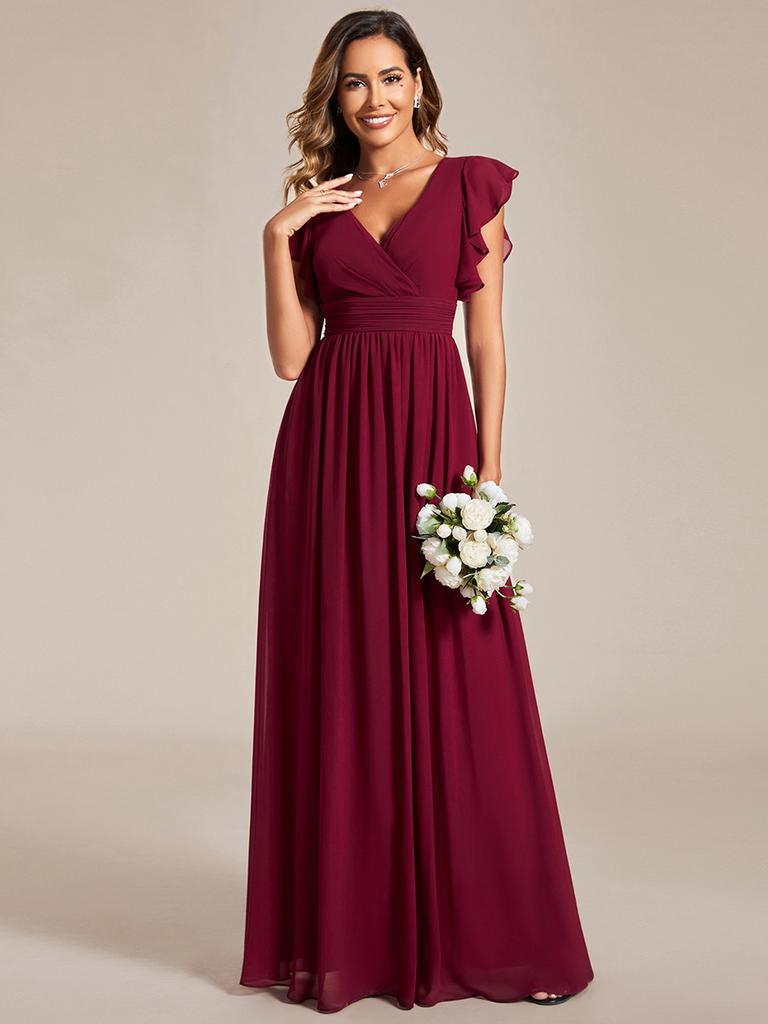 Ever-Pretty Women's A-Line V Neck Pleated Belted Ruffles Sleeves Open Back High Waist Bridesmaid Dresses