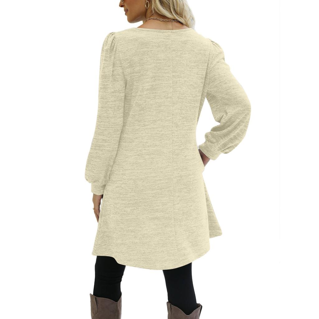 Модное женское повседневное свободное платье с круглым вырезом и пуговицами с длинным рукавом
