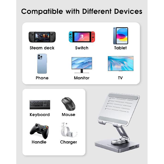 Подставка для iPad BYEASY, Док-станция для ноутбука, USB-C хаб для iPad 8-в-1, Подставка для планшета Type-C с HDMI, 3,5-мм разъемом, LAN, Зарядка 100 Вт PD, 2*USB 3.0, SD/TF