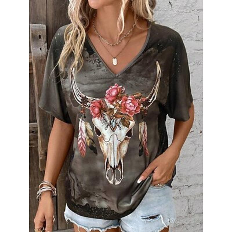 Women's T Shirt Casual Floral Cow Print Short Sleeve Regular Tops V Neck Daily Brown Summer