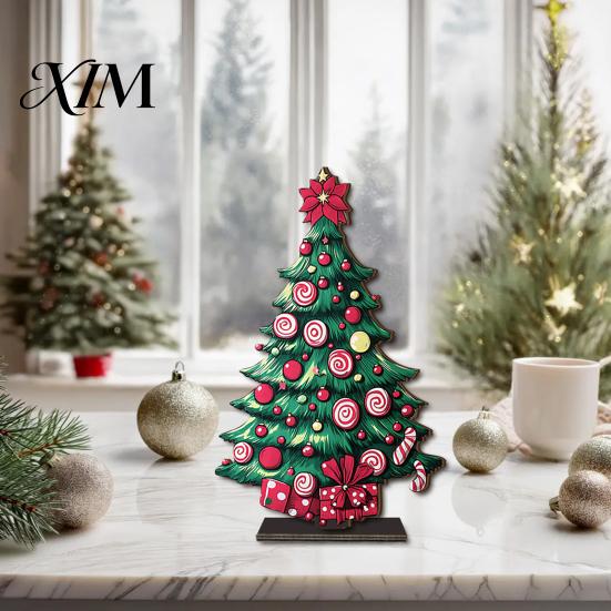 Unique Holiday Tree Ornaments 2D Wooden Christmas Tabletop Ornaments, Xmas Santa Colorful Room Snowman Sign with Stand, Party Decorations Festive