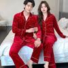 Autumn/Winter 2024 Gold Velvet Red Heart Couple Pajamas Set: Long Sleeve Thin Fleece Homewear for Men and Women