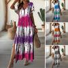 Women Summer Dress V-Neck Short Sleeve Side Slit Design Maxi Dress Tie Dye Print Loose Fit Casual Dress