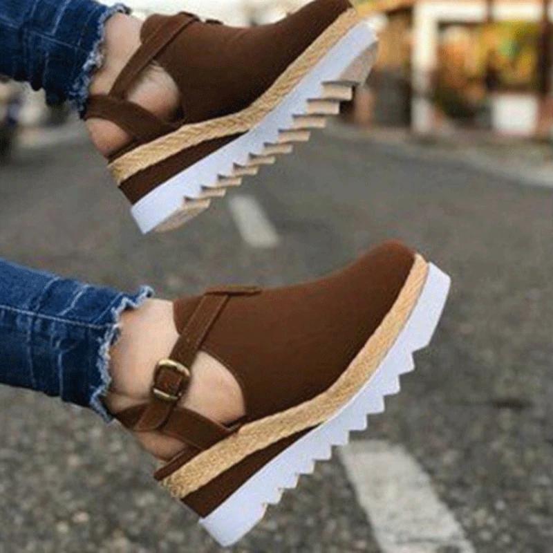 Женские босоножки на танкетке, летние босоножки на закрытом каблуке, повседневные босоножки на платформе с пряжкой и ремешком, женские босоножки-эспадрильи, женская обувь больших размеров 35-43