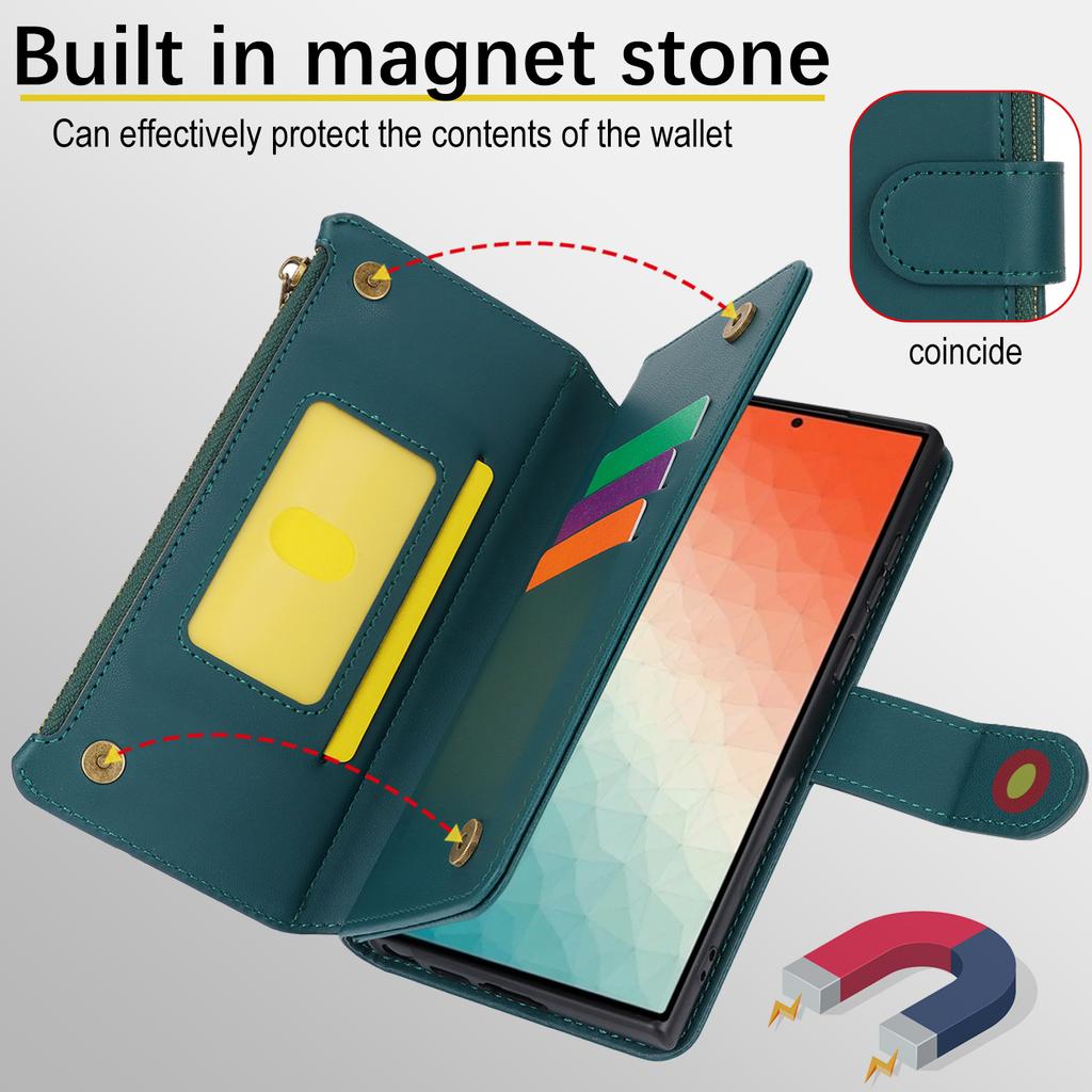 Держатель для карт с блокировкой RFID, мягкий чехол из искусственной кожи, магнитный ремешок с застежкой-молнией, защитный чехол для iPhone 16, 15, 14, 13, 12 Pro Max, Samsung Galaxy