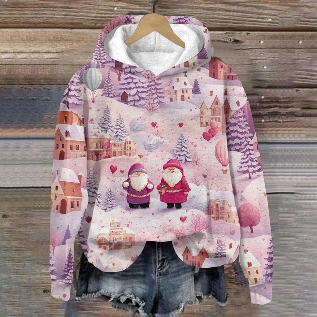 Women's Fashion Long Sleeve Christmas Print Loose Hooded Sweatshirt Top