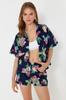 Women's Style Bottom-Top Set Clothes Tropical Patterned Woven Shirt Shorts Set