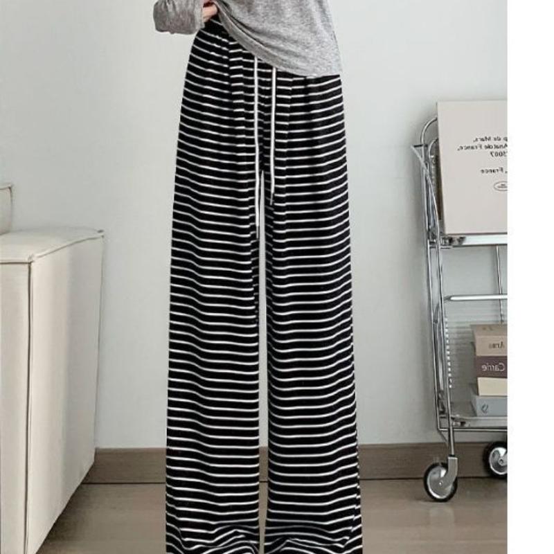 Новые летние повседневные брюки с высокой талией в черно-белую полоску, широкие брюки для женщин, свободные драпированные прямые брюки из клейкого риса