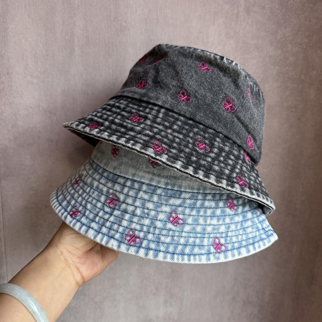 Bucket Sunshade Summer Hat Cotton Denim Material And Embroidered Cartoon Women