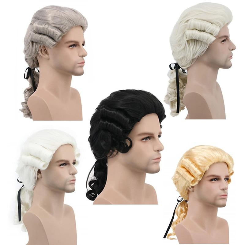 Grey White Black Lawyer Judge Baroque Curly Male Costume Wigs Deluxe Historical Long Synthetic Cosplay Wig for Halloween
