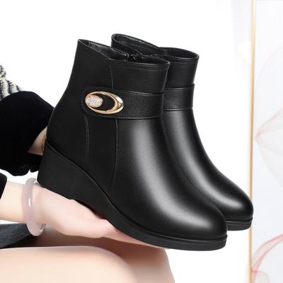 Мягкие кожаные женские туфли с круглым носком на молнии из хлопка, нескользящие, зимние, шерстяные, меховые, танкетки, толстая подошва, теплые зимние сапоги