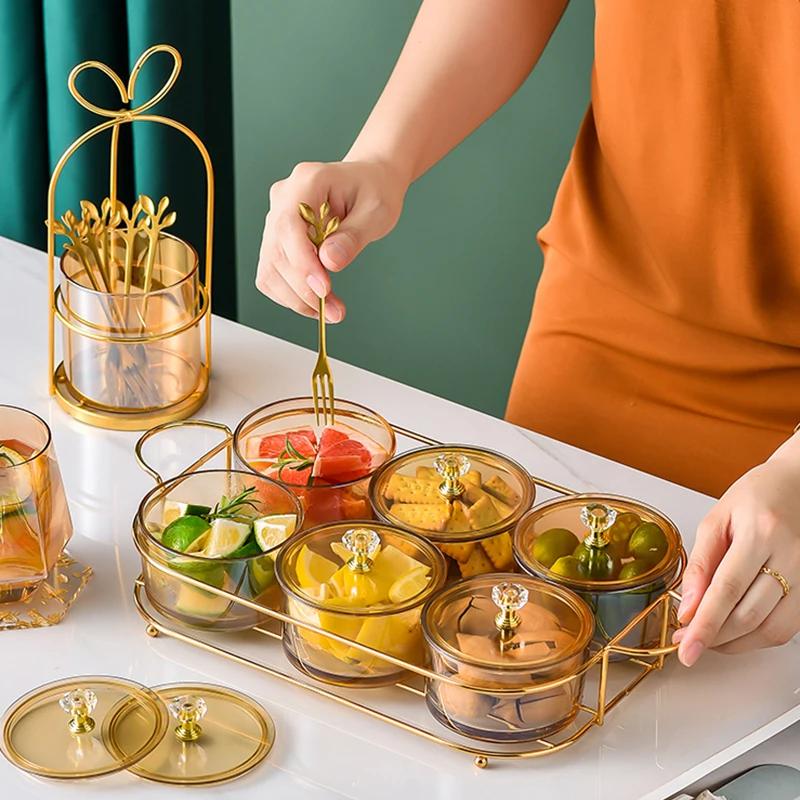 Стеклянная посуда Nordic Luxury, маленькие фруктовые десертные закуски, сервировочные миски с пыленепроницаемой крышкой, бытовые тарелки для подачи еды на вечеринку
