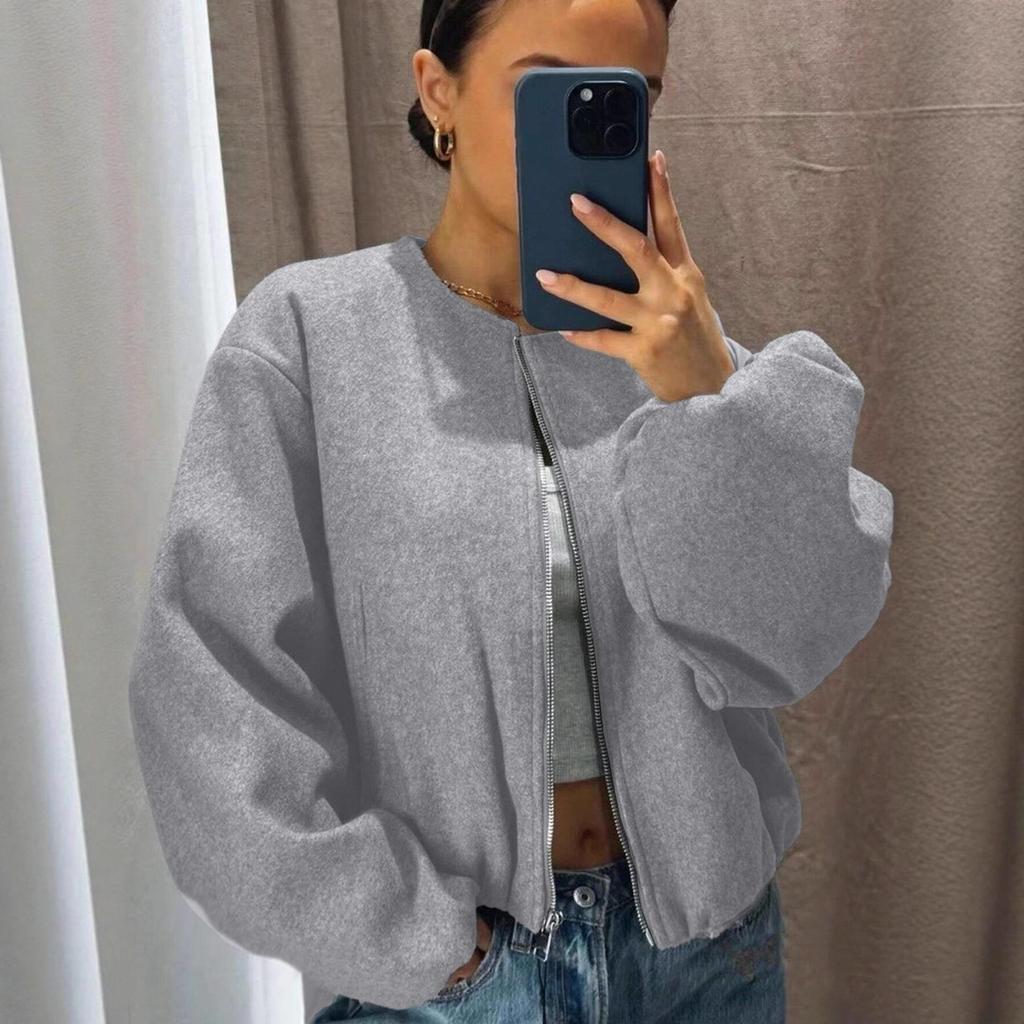 Women's Autumn/Winter Bomber Jacket - Round Neck, Drop Shoulder, Lantern Sleeve, Street Style Zip Cardigan
