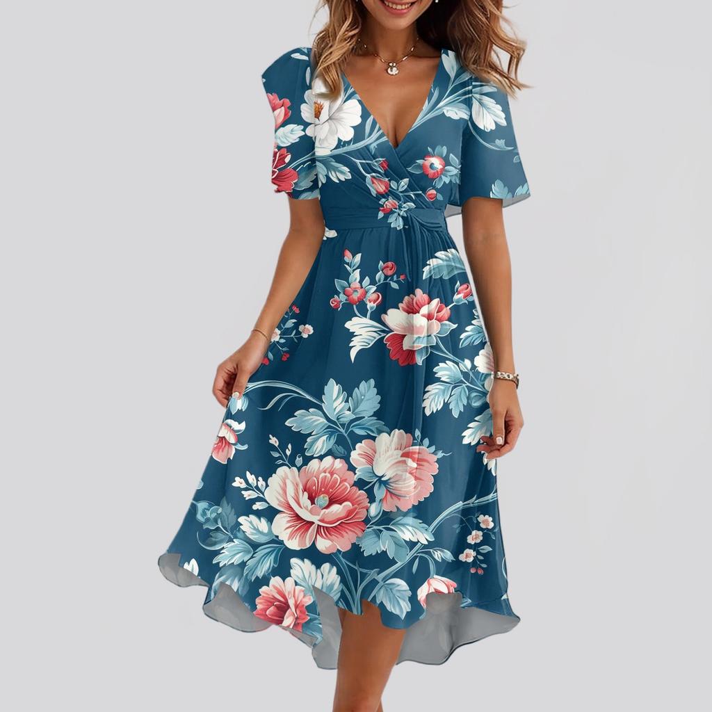 Женское свободное повседневное платье с V-образным вырезом, расклешенная юбка, короткие рукава, напечатанное платье с принтом