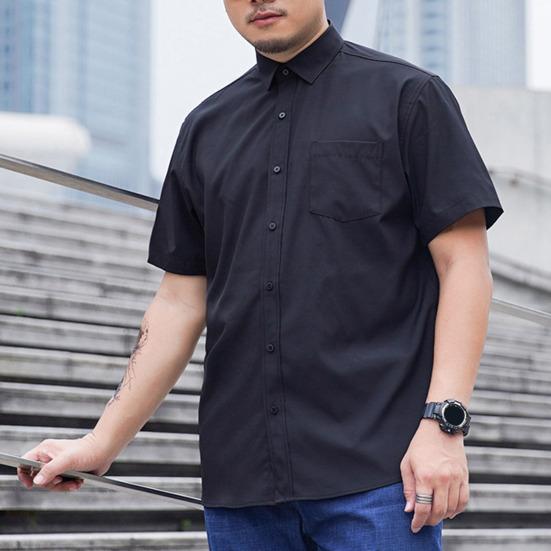 Lapel Short Sleeve Solid Color Plus Size Men Shirt Single Breasted Causal Loose Solid Color Work Shirt Streetwear