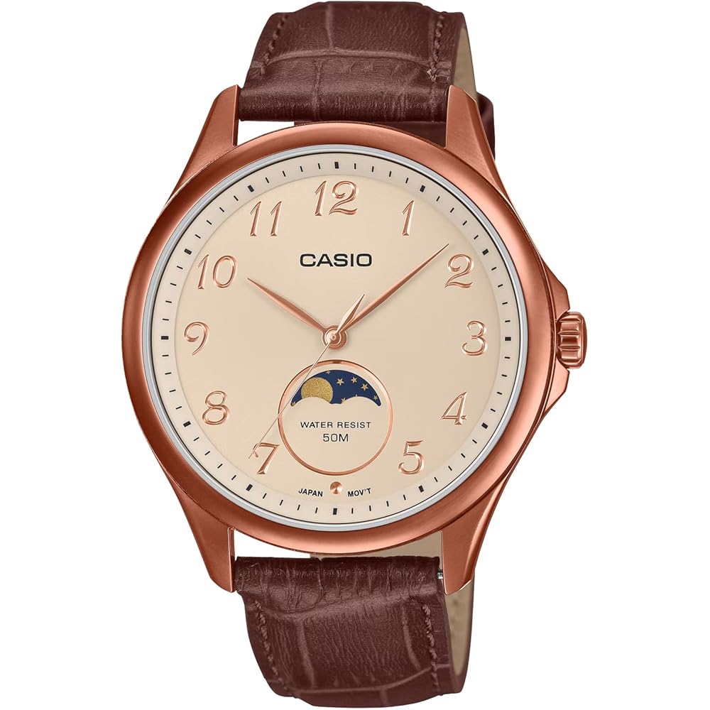 Casio Стандартные аналоговые мужские часы с фазами луны MTP-M110RL-5AV Круглый циферблат Темно-коричневый кожаный ремешок Розовое золото