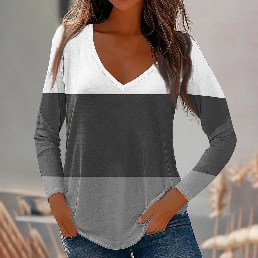 Womens Long Sleeve Tops V Neck Shirts Casual Stripe Print Basic Trendy Tee Blouses Fall Tunic Outfits Fitted T Shirts