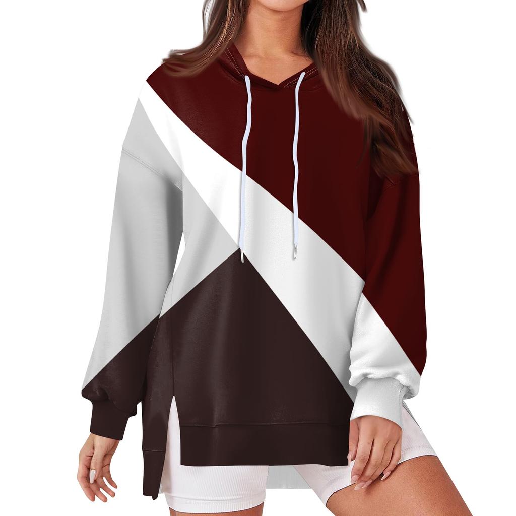 Women's Fashionable Casual Hoodie Long Sleeved Drawstring Pullover Geometric Splicing Printed  Loose Slit Sweatshirt