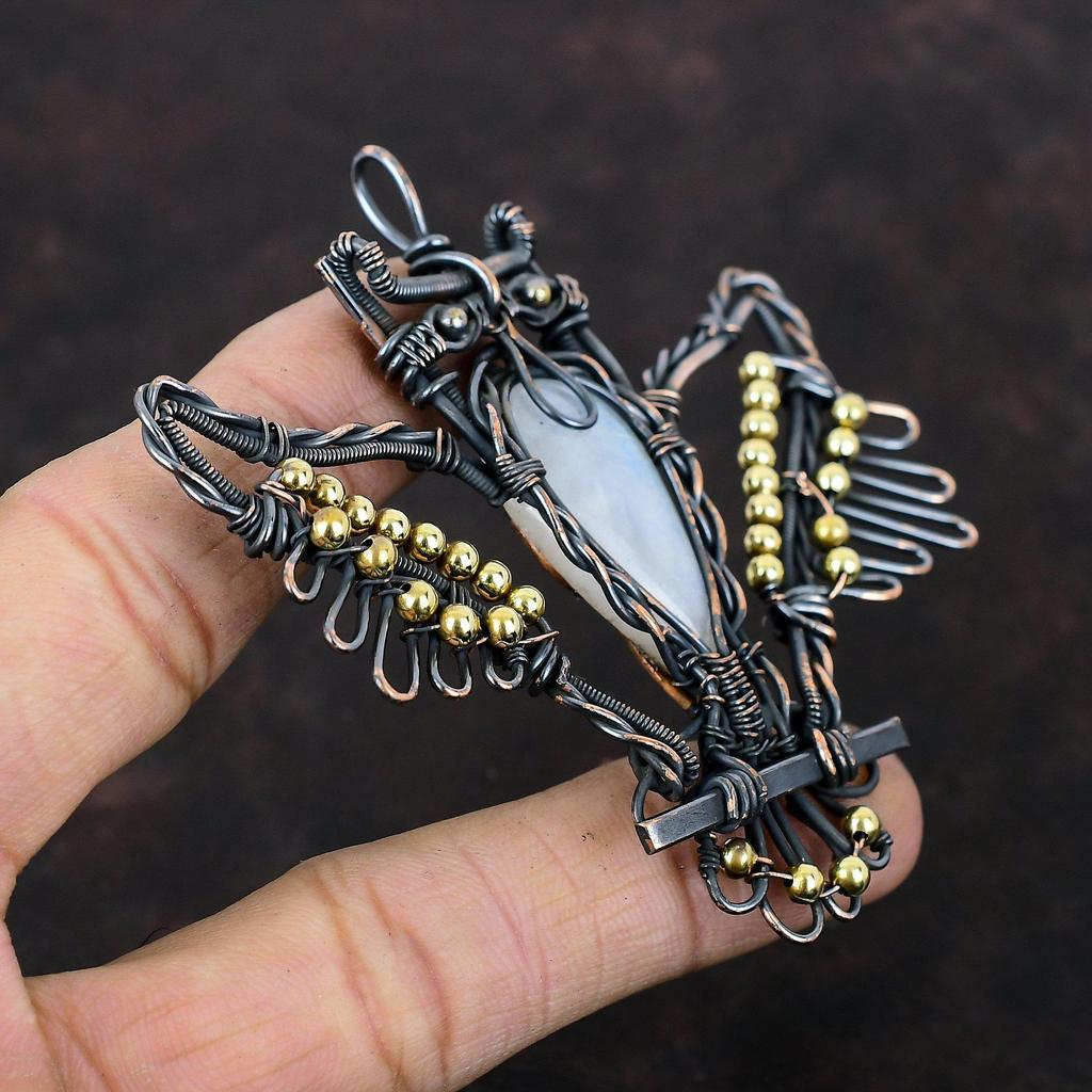 Радужный лунный камень, медный кулон, проволочная обертка, сова, медные украшения, драгоценный камень, кулон, лунный камень, украшения ручной работы, кулон, подарок для матери