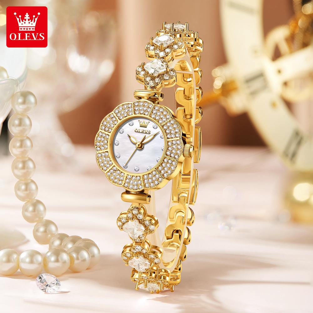 Ladies' Light Luxury Fashion Watch Full Diamond Inlaid Petal Shaped Dial Valentine's Day Gift Creative Quartz Watch