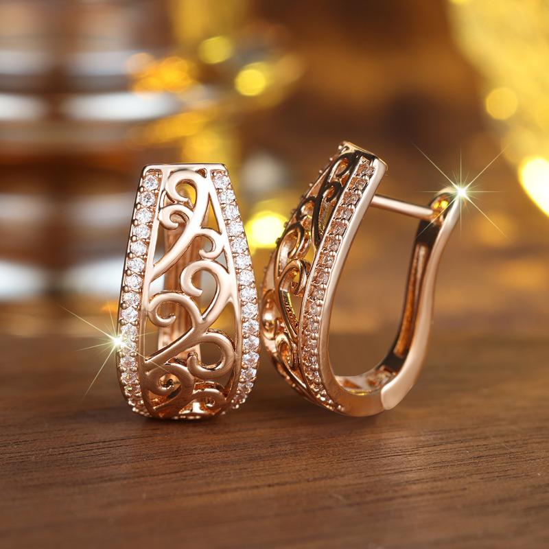 Luxury Gold Color Ethnic Hollow Flowers Drop Earrings for Women White Zircon Wedding Jewelry