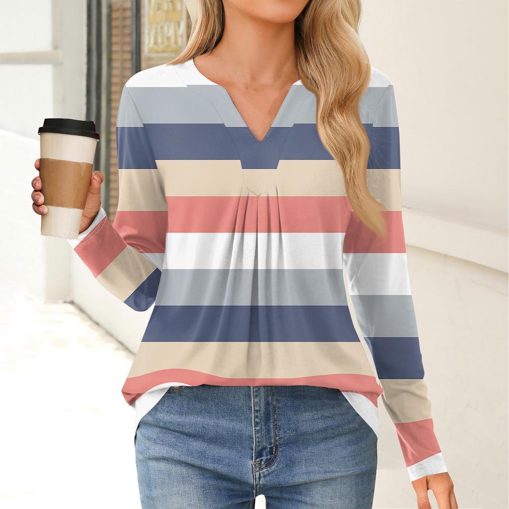 Women's Fashion Casual Long Sleeve Shirt Color Stripes Printed V Neck Up Tops